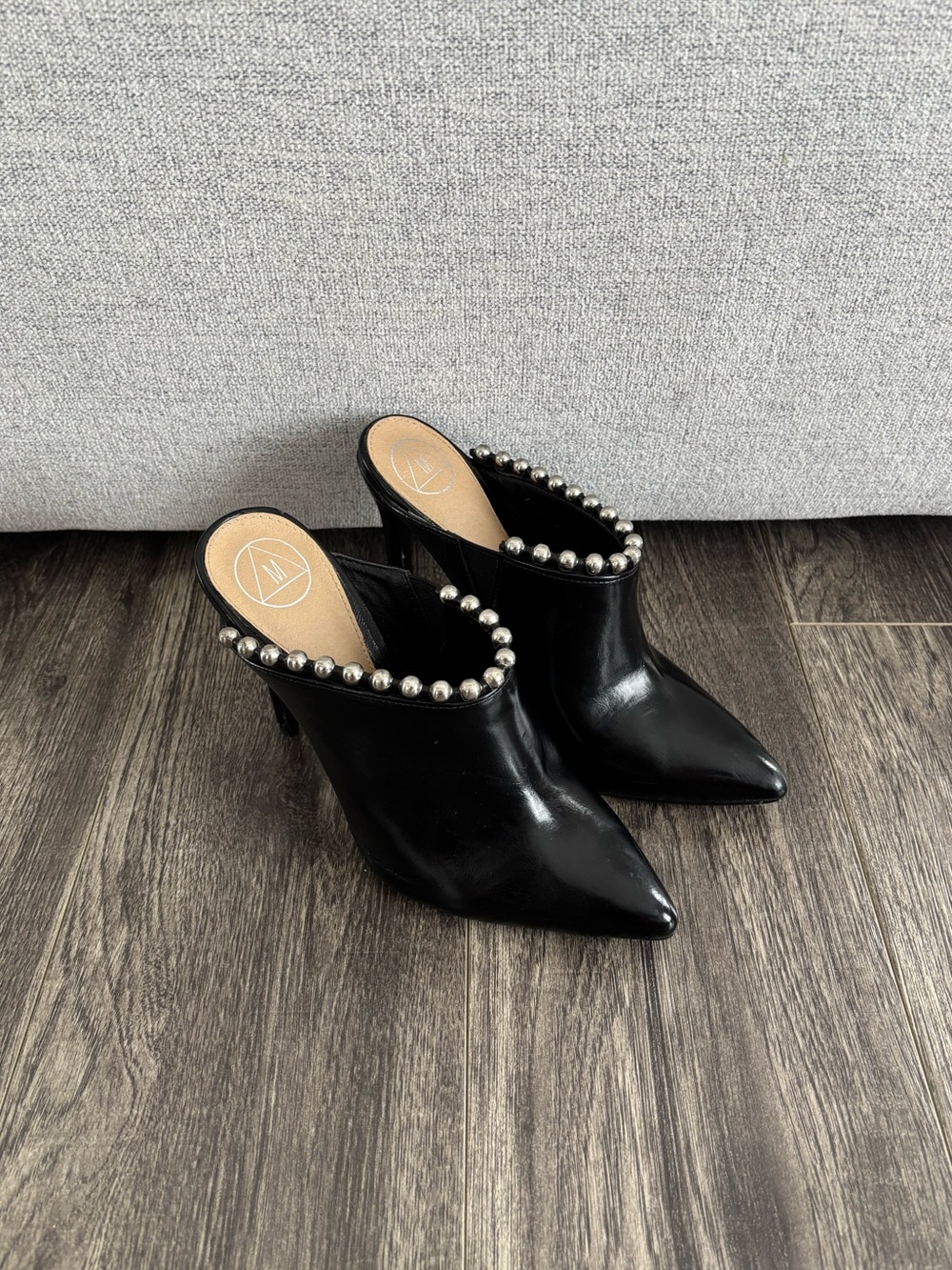 Black Pointed-Toe Silver Pearl Trim High Heel Mules